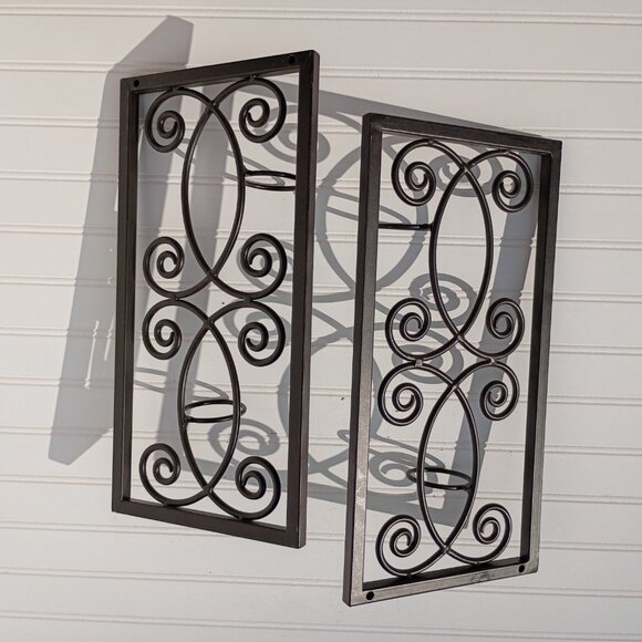 Wrought Iron Wall Sconces Heavy Metal Candle Holders Scroll Design Wall Art Vtg - Picture 6 of 10